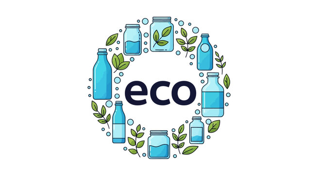 Eco-friendly logo illustration with recyclable bottles and leaves on a white background, promoting sustainable living and zero waste