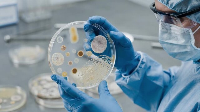 Closeup of scientist conducting culturebased bioburden testing on petri dishes examining microbial growth to verify cleanliness standards in a sterile lab environment.