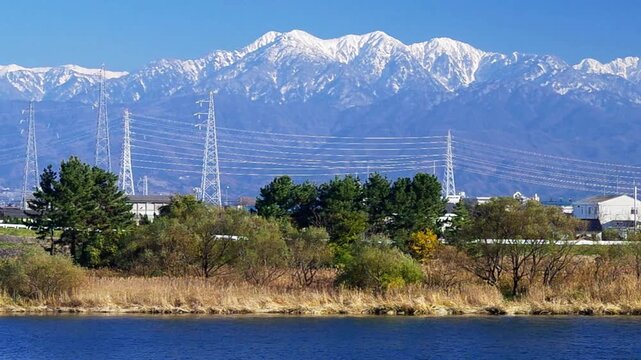 神通川はぎわら橋付近から北アルプス毛勝三山, 釜谷山, 猫又山, 毛勝山