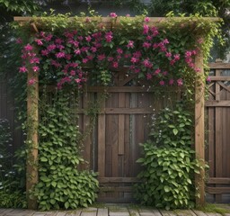 Obraz premium Lush clematis vines wrapped around a rustic wooden trellis , vine, foliage, trellis