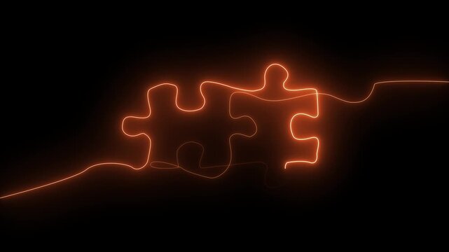 Glowing orange puzzle pieces coming together in the dark glowing puzzle jigsaw puzzle