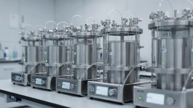 Medium shot featuring compact smallscale bioreactors with digital controls emphasizing precise cell culturing for earlystage biologic drug development.