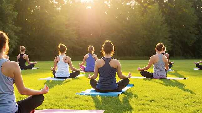 Group of diverse women practicing mindful yoga meditation outdoors together in a sunny park setting during golden hour.