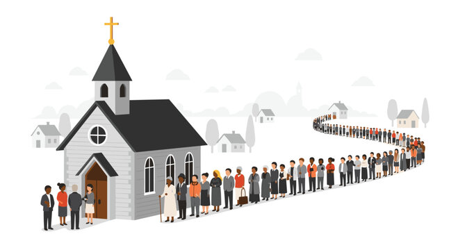 A very long, diverse line of people is queuing to enter a grey church building with a golden cross, extending into a village background.