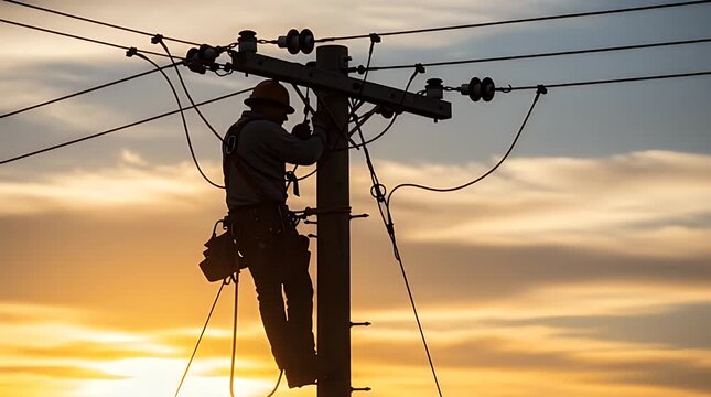 Silhouette of a dedicated lineman working high atop a utility pole adjusting electrical power lines during a vibrant sunset sky.