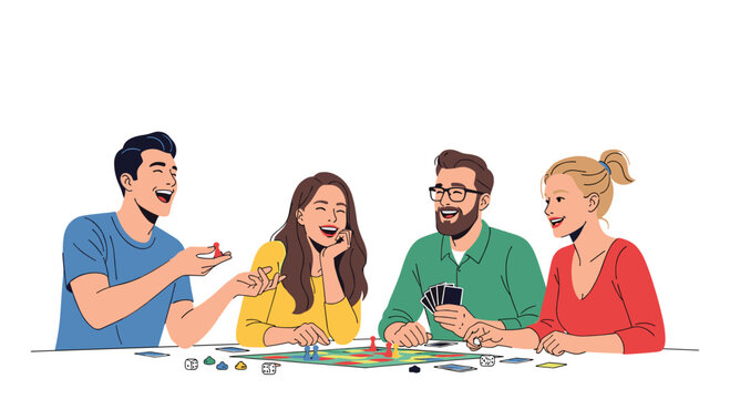 Four friends, two men and two women, are sitting around a table, laughing and playing a board game with various pieces and cards.