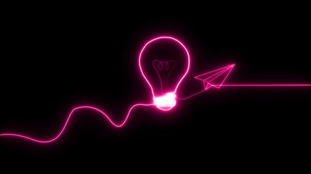 Neon Light Bulb Idea Concept with Paper Airplane and Glowing Line on Black Background glowing idea innovation concept