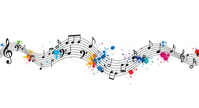 A black five-line musical staff with notes and clefs undulates across the frame, adorned with vibrant multi-colored paint splatters.