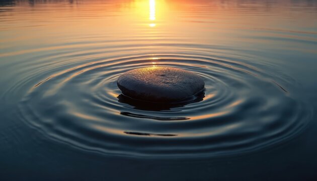 Stone floats on calm water surface at sunset with golden light reflections. Ripples spread out from stone creating wave pattern on lake surface. Serene nature.