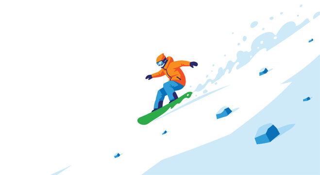 A vibrant illustration shows a snowboarder in orange and blue gear dynamically descending a steep, pristine white snowy mountain slope.