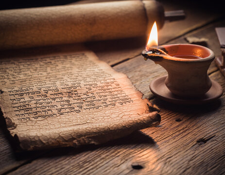 Macro detail of aged leather parchment scroll with ancient hebrew script
