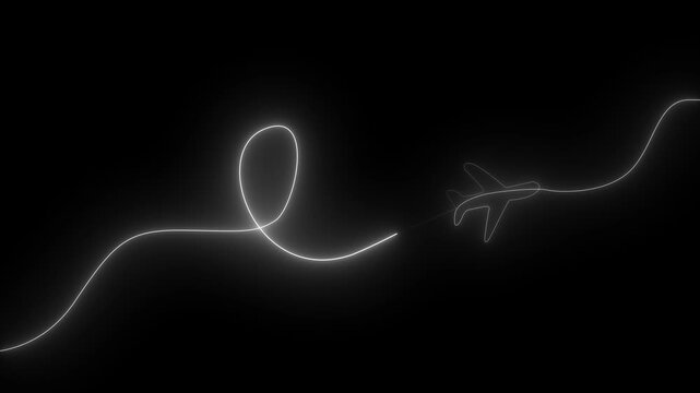 Glowing Airplane Line Animation Flight Path Black Background Travel Concept glowing line