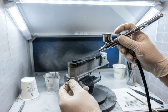 Hobbyist using a precision airbrush tool to paint a miniature plastic model train locomotive inside a spray booth