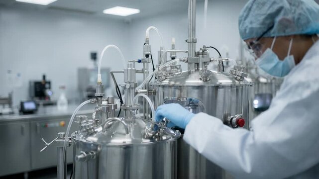 Medium shot capturing small batch reagent blending in stainless steel vessels showcasing meticulous control and sterile conditions within a pharmaceutical cleanroom.