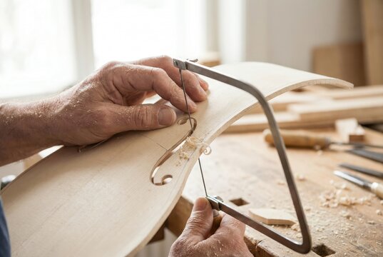Luthier using a thin bladed coping saw to carefully cut the curved wooden outline of a new violin