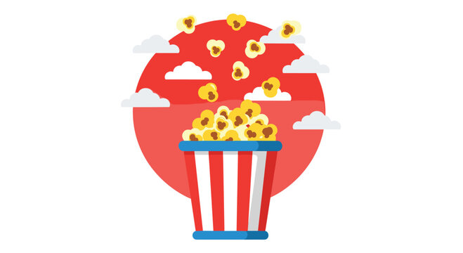 An animated red and white striped popcorn bucket dynamically ejects golden kernels against a large red circle and floating white clouds.