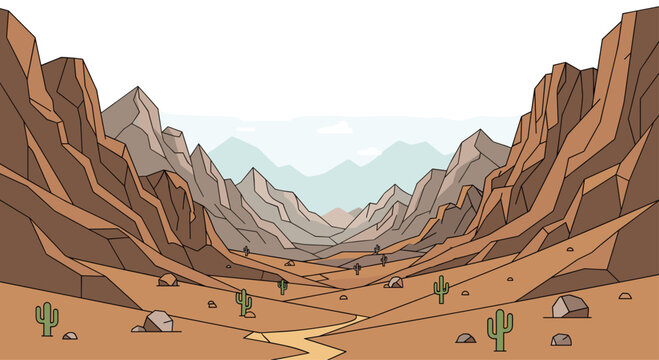 A deep, narrow canyon is depicted with numerous layered, angular rock formations, a winding dirt path, and green cacti.