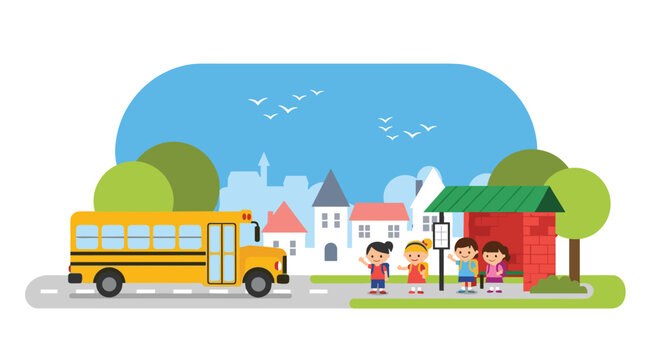 A bright yellow school bus is parked on a grey road next to a red brick bus stop shelter where four children are waiting and waving.