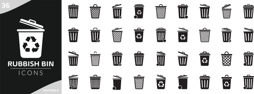 rubbish bin and  recycling icon set  related to waste basket, trash can, bin icons, trash, garbage, waste, disposal and recycle container.