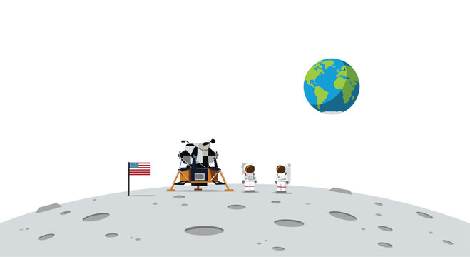 Two astronauts stand on a heavily cratered lunar surface next to a detailed lunar lander and an American flag with Earth visible in the distance.