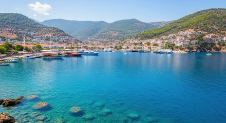 Obraz premium Picturesque coastal town nestled between mountains and turquoise waters.