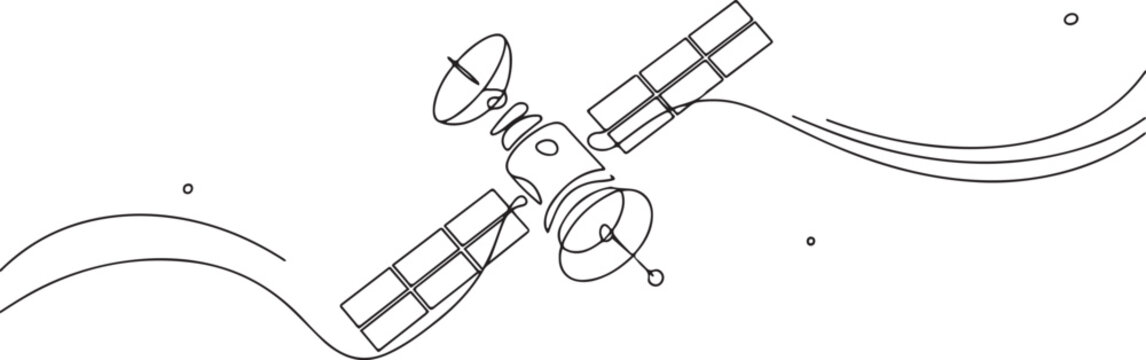 Continuous line drawing of an outer space satellite, showing simple orbit communication. Minimal outline style. One line draw graphic design vector