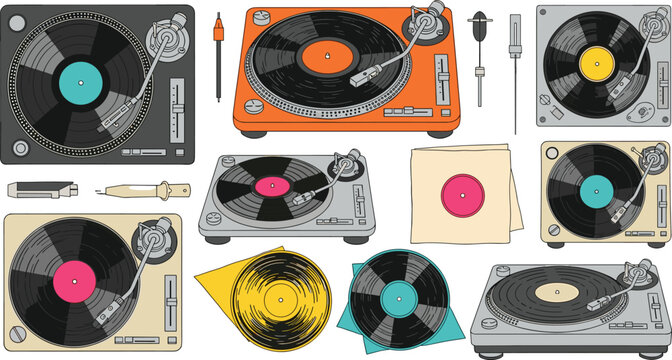 A Set of Colorful Turntables and Vinyl Records for Music Lovers, DJs, and Retro Audio Designs