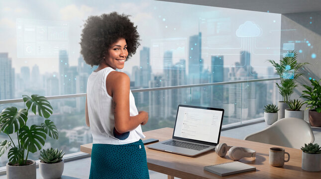 Connected woman without afro managing cloud data interface from modern remote workspace