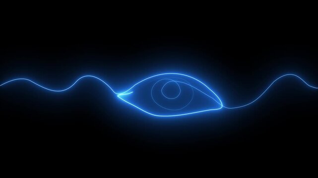 Glowing Blue Eye with Neon Lines and Waves on Black Background glowing eye wavy lines