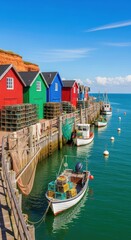 Fototapeta premium Picturesque fishing village scene with colorful huts and boats in harbor.