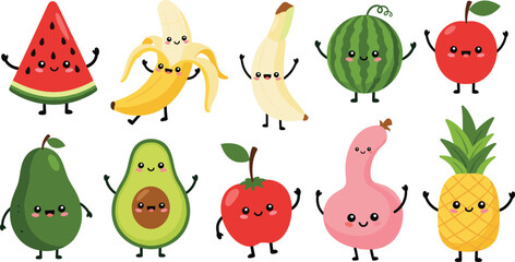 Obraz premium A Set of Cute and Colorful Fruit Characters Including Watermelon, Banana, Avocado, and Pineapple for Fun Food Designs