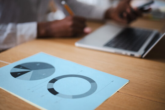 A person is working at a desk with a laptop, charts, and a phone, indicating a business or study session.