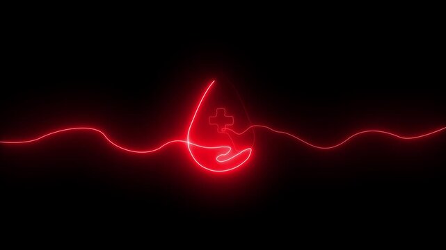 Neon Red Drop Medical Symbol with Cross and Pulse Line on Black Background