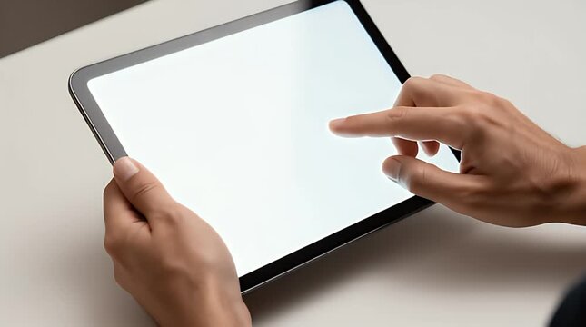 Close up of a person's hands interacting with a blank white screen tablet device held over a light surface for digital content creation or viewing.