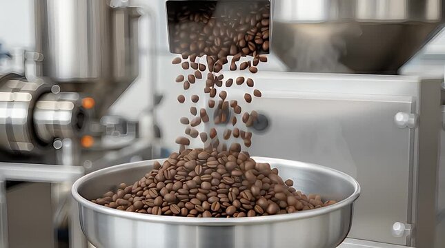 Perfectly roasted coffee beans pouring from advanced industrial machinery into a stainless steel bowl for quality inspection and further processing in a modern factory.