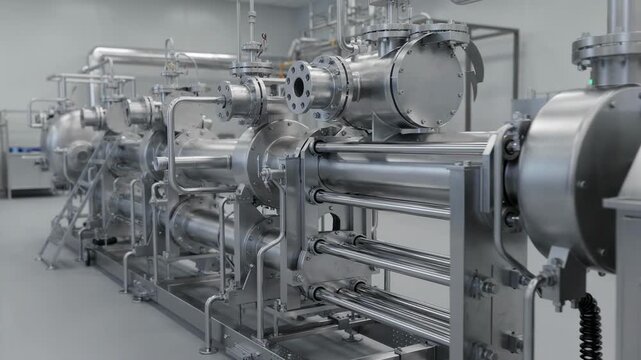 Medium shot of a compact continuous reactor train highlighting tubular reactors connected closely with streamlined heat exchangers and userfriendly control panels.