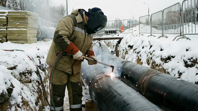 Industrial worker performing welding on city heating pipeline in snowy trench, essential for winter utility system maintenance