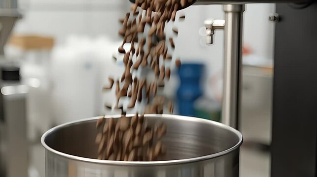 Freshly roasted coffee beans cascade from industrial machinery into a large stainless steel collection basin within a production facility setting.