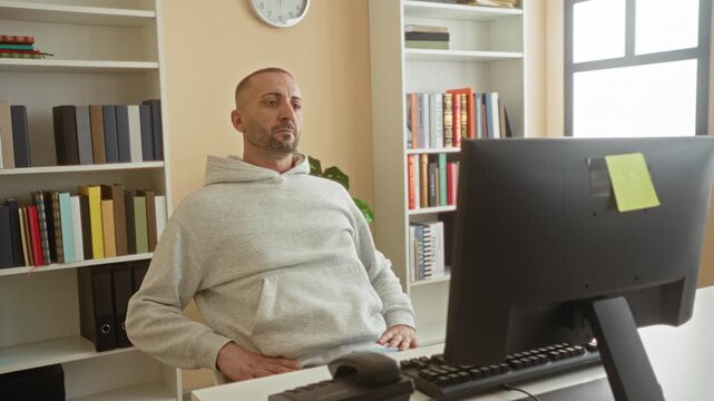 Man at computer leans back with hands behind head, eyes closed, slumped chair, monitor and bookshelf visible in building; relief.