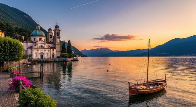 Picturesque Lake Lugano at Sunset with Church and Boat.