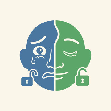 Illustration of a face split into two halves, one crying and one smiling, with locks.