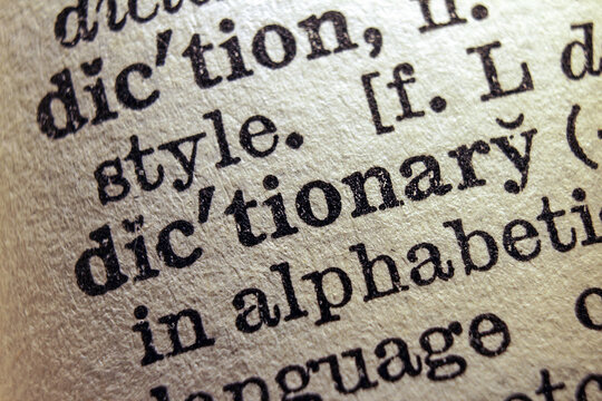 Word dictionary printed on dictionary page, macro close up