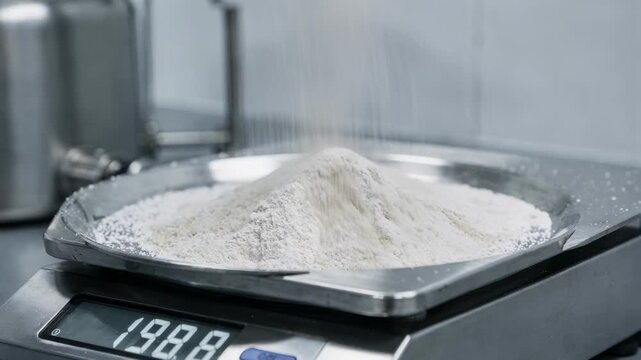 Closeup medium view of macro weighing scales accurately measuring bulk excipients with digital display in a controlled production facility.