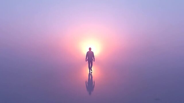 A lone figure walks towards a radiant sunrise over a reflective surface