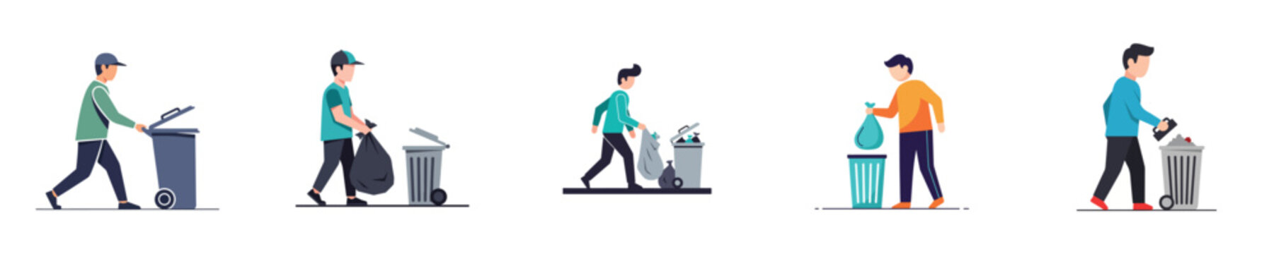 Flat minimalist vector illustration of a person taking out household trash, everyday responsibility activity, clean design, white background