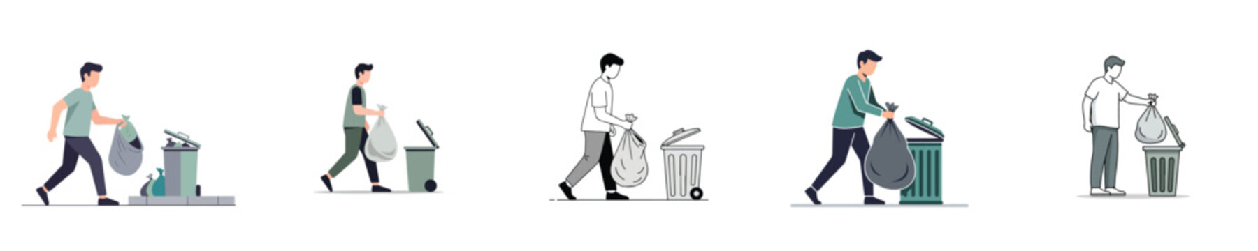 Flat minimalist vector illustration of a person taking out household trash, everyday responsibility activity, clean design, white background