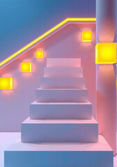 Obraz premium Minimalist floating staircase made of simple glowing cube steps