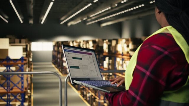 African american employee, tracking software, laptop in warehouse, standing on platform and ensuring express delivery for order fulfillment. Airway bill tags for e-commerce distribution.