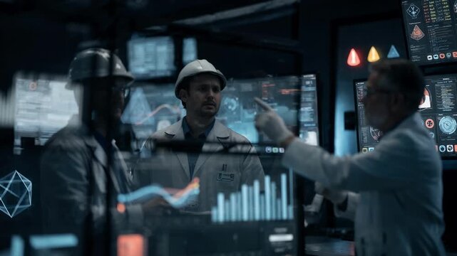 Closeup on trend graphs and alarm indicators as technical staff analyze production data to ensure optimal reactor performance and safety compliance.