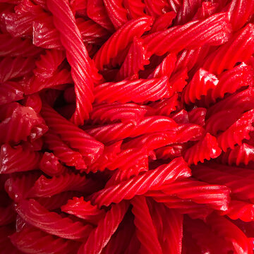 Vivid close-up of bright red twisted licorice candy pieces piled together